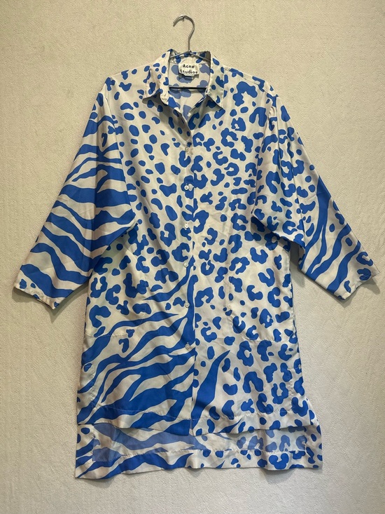Acne Studios Dresses & Skirts - VTG Acne Jenia 100% Silk Blue White Mixed Animal Button-Down Dress Sz L Pockets